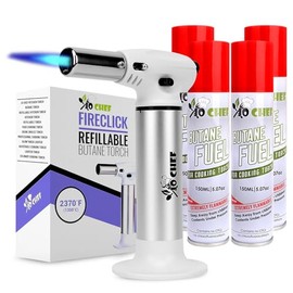 Jo Chef FireClick Creme Brulee Torch – 2,370°F Food Torch with Safety Switch, One-Hand Use, Refillable Adjustable Flame Lighter with Safety Lock for BBQ, Baking, Brulee Creme – 4 Butane Cans Included