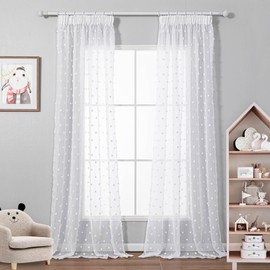 MYSKY HOME Curtains with Ruffle Tape, Voile Curtains for Children's Room, Modern Curtain, Embroidery, Semi-Transparent Room Divider, Sliding Curtain, Living Room, Set of 2, White, H 245 x W 140 cm
