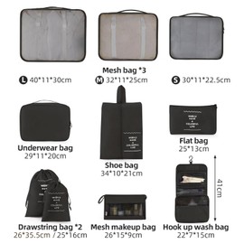 Logei Suitcase Organiser Set, 10-Piece Packing Cubes, Suitcase Organiser, Packing Bags Set, Travel Organiser, Packing Cubes, Organiser System with Clothes Bags, Shoe Bag for Suitcases (Black)