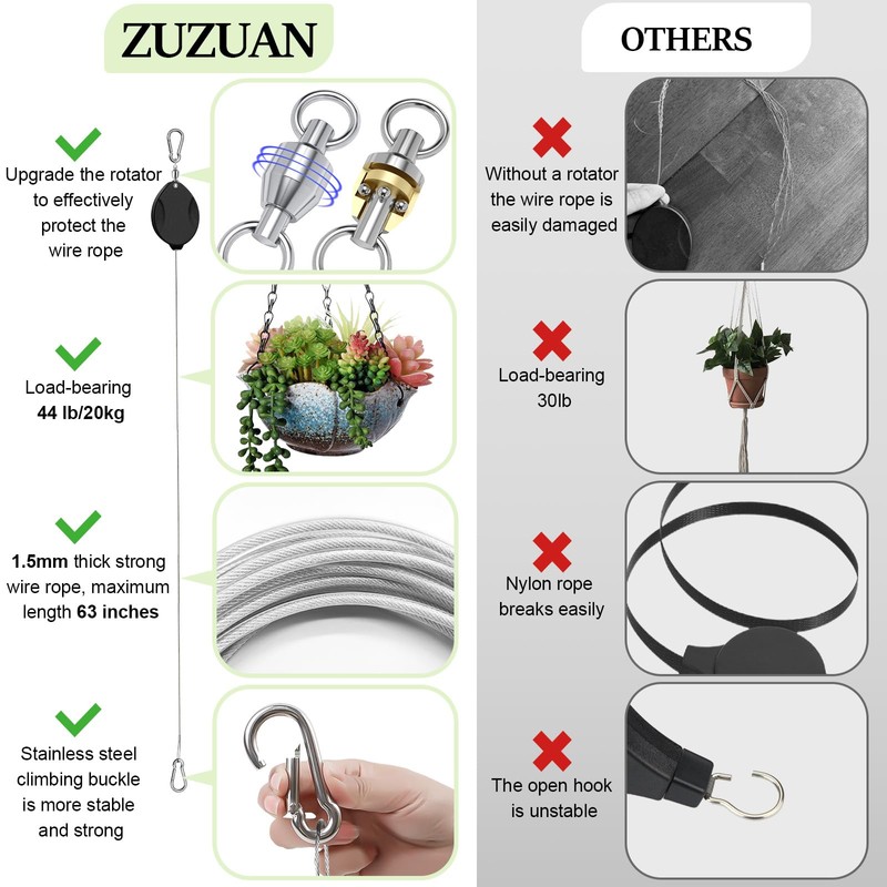 ZUZUAN 2Pcs Upgraded Heavy Duty Retractable Plant Hanger,Plant Pulleys for
