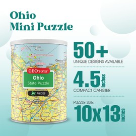 Geotoys Ohio Mini State Puzzle – 100 Piece Puzzles for Kids and Adults in Portable Can, 13" x 10" Educational Travel Puzzle for Ages 7 and Up – Mini Puzzles to Learn & Explore Geography