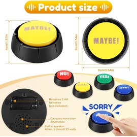WADY 4Pcs Answer Button Set, Portable Yes No Buttons Funny Sorry Maybe Buzzer Buttons Interactive Communication Sound Button Prop Reusable Multipurpose Game Button for Classroom Dog Talking 90 x 40mm