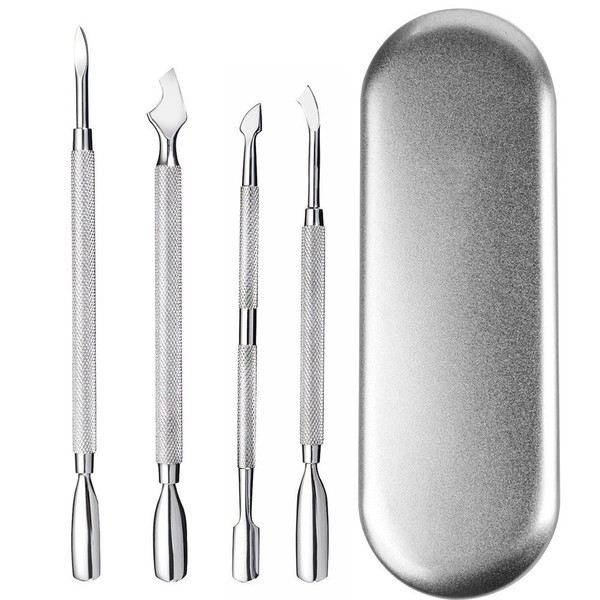 4 PCS Cuticle Pusher and Cutter Set Double End Nail Cuticle Remover Tool Stainless Steel Manicure Pedicure Kit in Tin Box Pinkiou Nail Art Remover Tools
