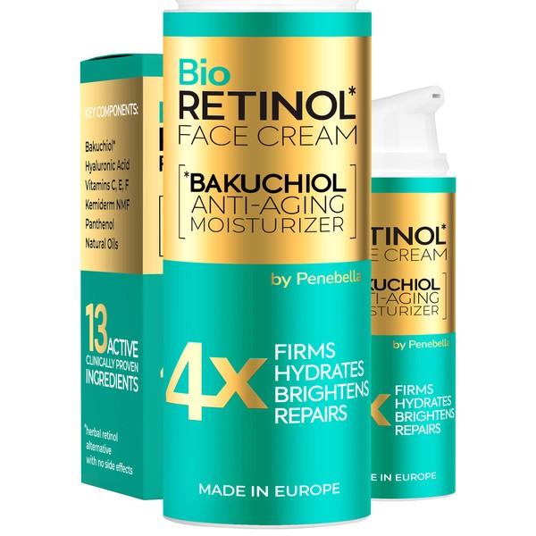 PENEBELLA New Bakuchiol Face Moisturizer - Made in Europe - Anti-Aging Retinol Alternative Cream - Moisturizing & Hydrating Serum - Wrinkle Cream for Face & Neck - Hyaluronic Acid - Vitamin C, E, F, Natural Oils