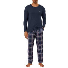 Jahetuul Men's Pyjamas Sets Cotton Long Sleeve Pjs for Men Loungewear Set Solid Top and Plaid Bottoms Nightwear with Pockets S-4XL