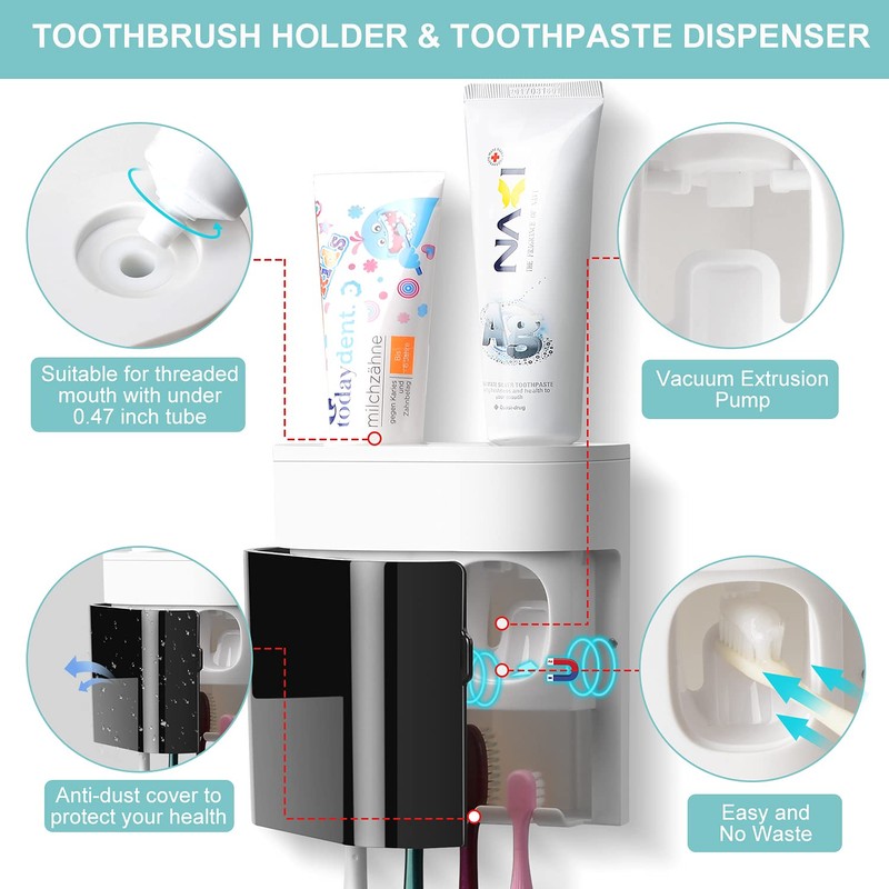 GFWARE Toothbrush Holder Toothpaste Dispenser Wall Mounted with Cover, 4