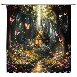Enchanted Forest Shower Curtain Fairy Tale Tree Floral Butterfly Jungle Fantasy Wonderland Fabric Bathroom Decor Curtain with Hooks 70" Wx70 H