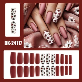Flower Press on Nails Medium Coffin Fake Nails Matte Pink Acrylic Nails with Daisy Flower Designs False Nails Full Cover Coffin Nails Press ons Spring Summer Stick on Nails for Women 24 pcs