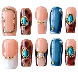 Uñas postizas acrílicas reutilizables hechas a mano con punta francesa turquesa y blanca, forma cuadrada corta/mediana, con estampado ámbar y detalles
