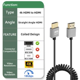 GELRHONR 4k HDMI Coiled Cable, Male-to-Male HDMI Extension Cable Spring Flexible Cable, High Speed 4K@60Hz HDMI to HDMI 2.0 Cable Slim, Support ARC, 3D, HD TV, Laptop, PC, Projector (Straight)