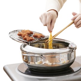 Saltlas Deep Fryer Pot (°C), 11"/4.4Qt (4.2 L) Extra Large Tempura Frying Pot with Lid, 304 Stainless Steel Fry Pot with Temperature Control and Oil Drip Drain Rack
