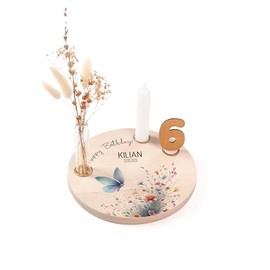 Nord-KindÂ® personalisierter Geburtstagsteller aus Holz mit Kerzen, Vase & Zahlen [20cm Ã]| Geburtstagsteller Holz | Geburtstagsteller personalisiert | Kerzenteller Geburtstag Kinder | Schmetterling 7