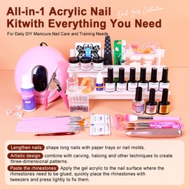 Acrylic Nail Kit with Drill - Complete Starter Set for Beginners White Pink Clear Acrylic Powder,Base & Top Coat,6 color gel nail polish,Tools, Glitters(Pink)