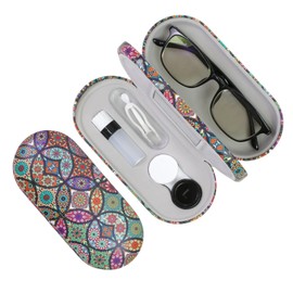 FlyingMage 2 in 1 Contact Lens Case and Eyeglasses Case for Women Men Kids, Double Sided Hard Shell Portable Glasses Travel Holder with Built-in Mirror, Contact Lens Box Storage Kit (Multicolor Totem)