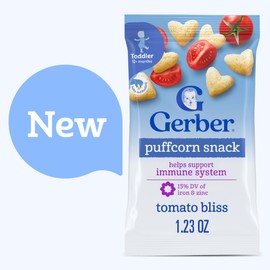 Gerber Toddler Snacks, Tomato Bliss Puffcorn Snack, Kernel Free, Heart Shaped, Zinc and Iron Helps Support Immune System, Toddler Food, 7-Pack