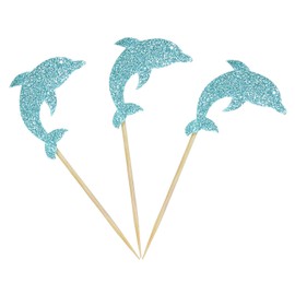 Unimall Global 24 Pieces Glitter Blue Dolphin Cupcake Toppers Sea Theme Cupcake Picks for Baby Shower Sea Theme Birthday Party Decoration Accessories