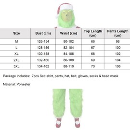 Costume Bay Monster Santa Christmas Xmas Green Big Monster Costume Fancy Dress Deluxe Furry Outfit Velvet Hooded Cosplay (7pcs Adult Furry Monster Santa Set, XL)