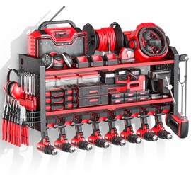 Tool Organizer Wall Mount, Large 8 Power Tool Organizer with 2 Side Pegboards, Heavy Duty Metal Tool Shelf with 12 Hooks, 3 Layer Cordless Tool Organizer, Power Tool Storage for Garage Organization