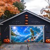 Summer Halloween Garage Door Cover, 16x7 Ft Surfing Skeleton Banner
