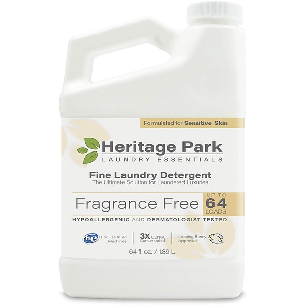 Heritage Park Luxury Laundry Detergent - Fragrance Free, Hypoallergenic, Dermatologist Tested - Gentle, Effective, Safe for Delicate Fabrics - pH Neutral, Unscented, 3X Concentrated Formula - 64 Fl oz