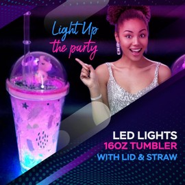 Unicorn LED Light Up Cup with Straw - 16oz Tumbler with Lights, Lid, and Straw | LED Light Bulb Cups for Drinks with Straws - Glow Party, LED Party Favors & Light Up Accessories (Unicorn)