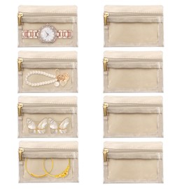 Simaixing 8 PCS Small Jewelry Travel Bag, Visualization Design Storage Jewelry Pouch Organizer with Zipper Pocket for Necklaces, Earrings, Rings (Beige)