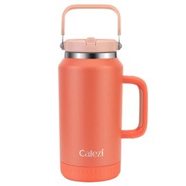 Cafezi 64oz Stainless Steel Water Bottle with Flip Straw - Leak-Proof, Sweat-Free, Top and Side Handle, Anti-Slip Base, Iced for 34 Hours, Dishwasher Safe - Water Jug for Sports Events, Beach Days