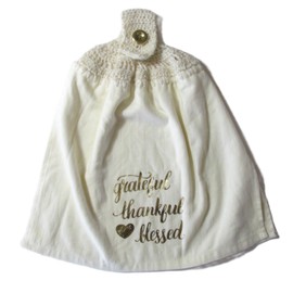 Grateful Thankful Blessed Crochet Top Double Layer Fall Towel - Hanging Kitchen Towel - Cream & Gold Crochet Top