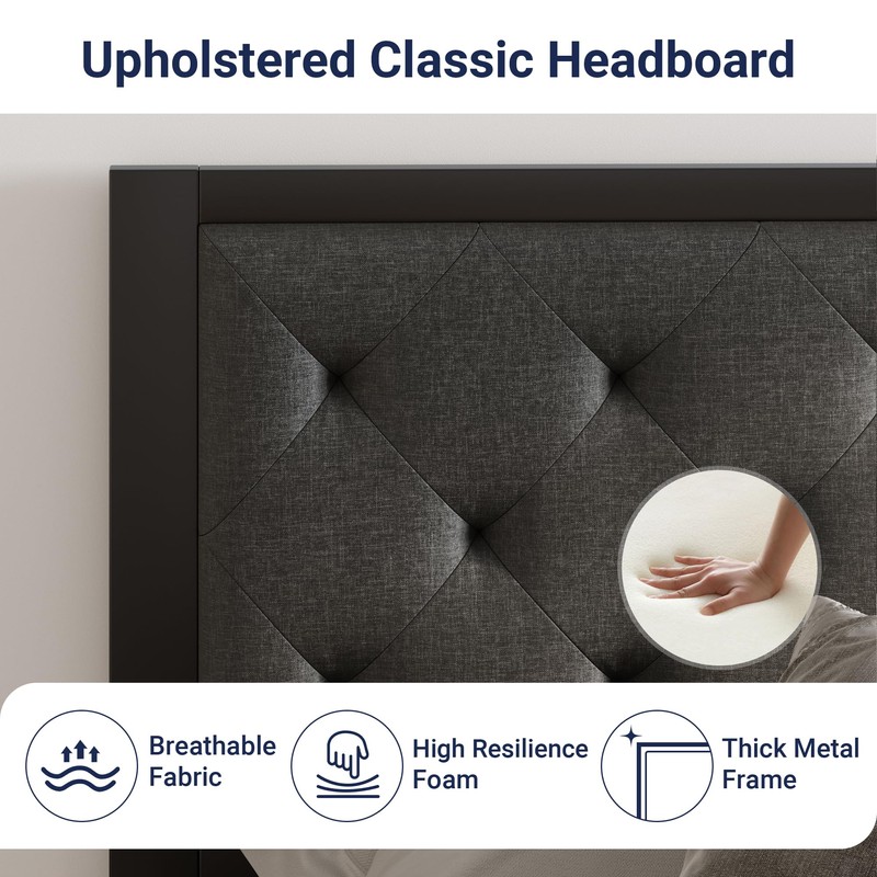 Allewie King Bed Frame with Upholstered Headboard, Chic Diamond Stitched