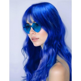 NSODREEM 28 Inch/70 cm Blue Wig Long Curly Wig and Party Sunglasses, Cosplay Color Wig with Neon Glasses for Women - Bachelorette Party Wigs Decorations Favors (Blue)