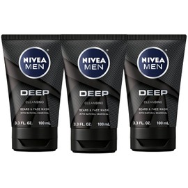 NIVEA Men DEEP Cleansing Beard & Face Wash - With Natural Charcoal to Deeply Clean - 3.3 fl. oz. Tube (Pack of 3)