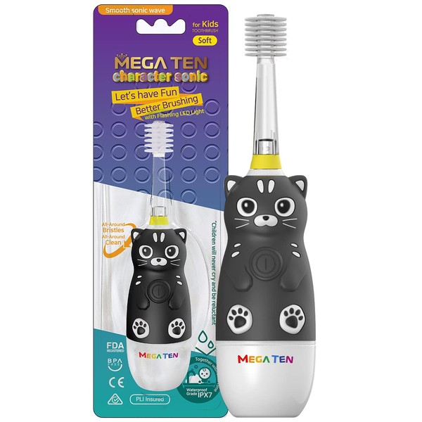 MEGA TEN 360-Degree Kids Electric Toothbrush with LED Light & Soft Microfiber Bristles & Comfortable Grip | Fun & Easy Brushing for Kids 12-48 Months Old | Built-in Timer | BPA Free | Black Cat