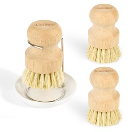 Qaskwaer Wooden Dish Brushes, Dish Scrubber Brushs for Cleaning Dishes, Kitchen Wooden Cleaning Dsihes Set with Draining Rack, Natural Sisal Bristles, 3 Set
