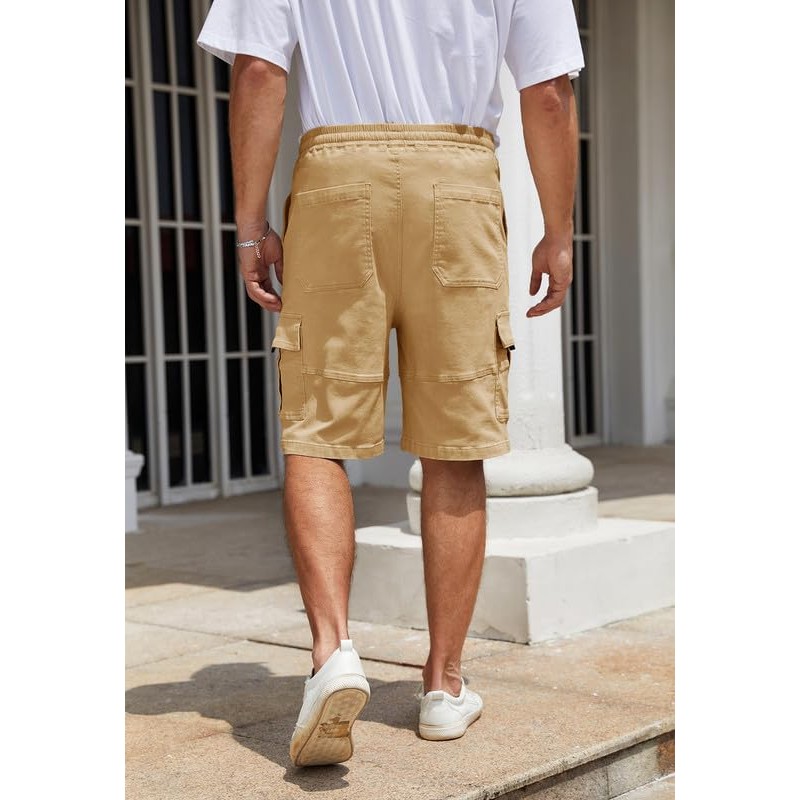 WICUSION Mens Twill Cargo Shorts Stretch Cotton Elastic Waist Multi-Pockets