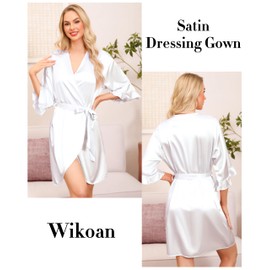 Wikoan Women's Satin Dressing Gown Kimono Robe Short Satin Bathrobe with Belt V-Neck Kimono Bathrobes, White