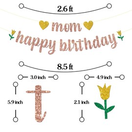 Rose Gold Glitter Mom Happy Birthday Banner - Mother's Birthday Party Decorations - Mommy Women's Bday Party Supplies