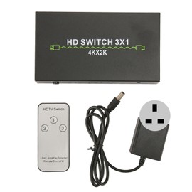 HD Multimedia Interface Switch 3 in 1 Out 4K Support 3D Video Switcher Selector for Set Top Box Laptop TV 100‑240V UK Plug