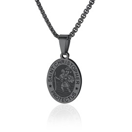 PIYIZ Archangel Jewelry Black Metal Plated Stainless Steel Rope Wheat Chain Patron Saint Amulet Gift St. Christopher Pendant Necklace for Men
