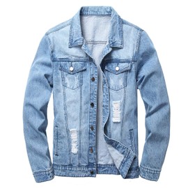 LAMKUKU Mens Denim Jacket Ripped Slim Jean Jacket Coat for Men (XX-Large, LightBlue)