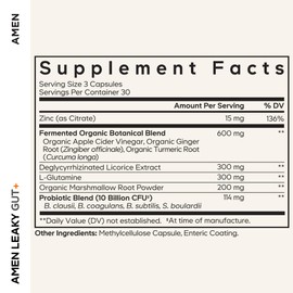Amen Leaky Gut Supplement - Advanced Formula with Bioavailable L Glutamine, Zinc, Turmeric, DGL Licorice Root - Marshmallow Root - Probiotics & Fermented Prebiotics - Vegan, Non-GMO - 90 Capsules