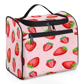 Shawcampfloor Portable Toiletry Cosmetic Travel Bag - Large Water Resistant Hanging Makeup Organizer Storage Pouch Case for Women Girls, Brush & Accessories Storage (Strawberry)