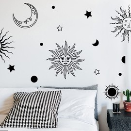 PLIGREAT Sun Crescent Star Moon Faces Wall Stickers, Waterproof Removable Vinyl Peel and Stick Wall Decals for Bedroom Living Room Boho Ethnic Wall Decorations Home Indoor DIY Wall Art Decor