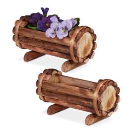 Relaxdays Planter, Flamed Wood, Set of 2, Garden Decoration, Half Flower Barrel, Vintage Design, HBT: 11 x 20 x 9 cm, Natural