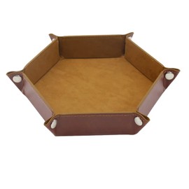 Dice Tray Hexagon Dice Tray Velvet Fabric PU Leather Folding Dice Mat Trinket Box for Table Games (Brown)
