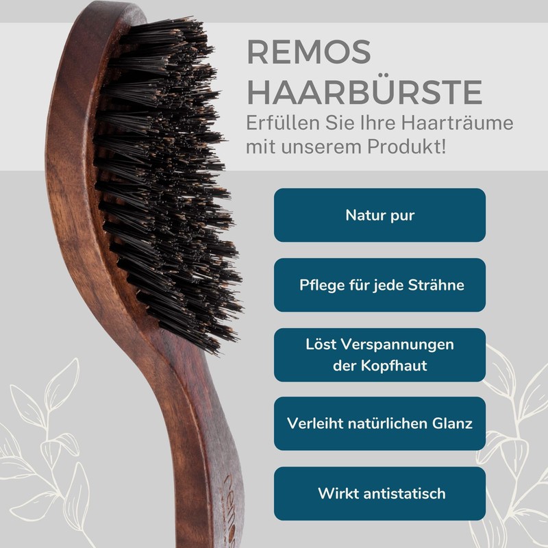 REMOS Hair Brush with 100% Wild Boar Bristle Walnut Wood