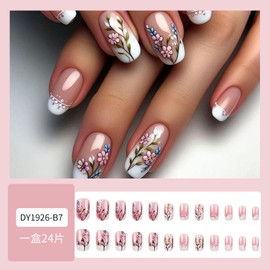 Spring Press on Nails Square White French Tip Fake Nails Floral Acrylic Nails Cute Flower Glue on Nails Square Nails Press ons French Press on Nails Holiday Stick on Nails for Women Girls