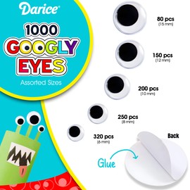Darice Wiggle Googly Eyes - Bulk 1000pcs Assorted Set, Self-Adhesive, 6mm, 8mm, 10mm, 12mm, 15mm Eyes for Crafts, DIY, Slime, Dolls, and Decorations - Easy Peel & Stick Eye for Kids and Adults