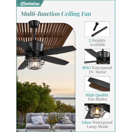 Fanbulous 52" Outdoor Ceiling Fans with Lights and Remote Control,IP65 Wet Rated Waterproof Ceiling Fan with 6-Speed DC Motor, Farmhouse Gazebo Fan for Porch Patios Pavilion（Black）