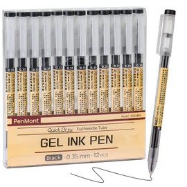 PenMont Quick Dry Black Gel Roller Pens, 0.35mm Extra Fine Point, 12-Count Pack, Precise and smooth writing