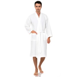 TowelSelections Men’s Waffle Bathrobe Lightweight Spa Kimono Bath Robe 2X-3X White